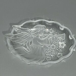 Glass Angel Oval Trinket Dish Stars Holiday Decor Bowl